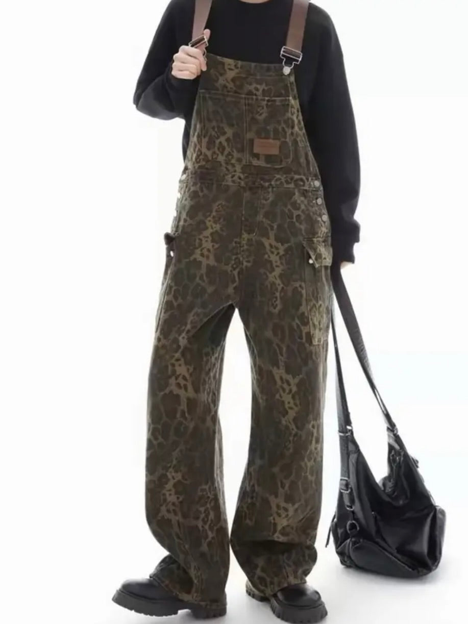 Wide Leg Multi Pocket Leopard Print Denim