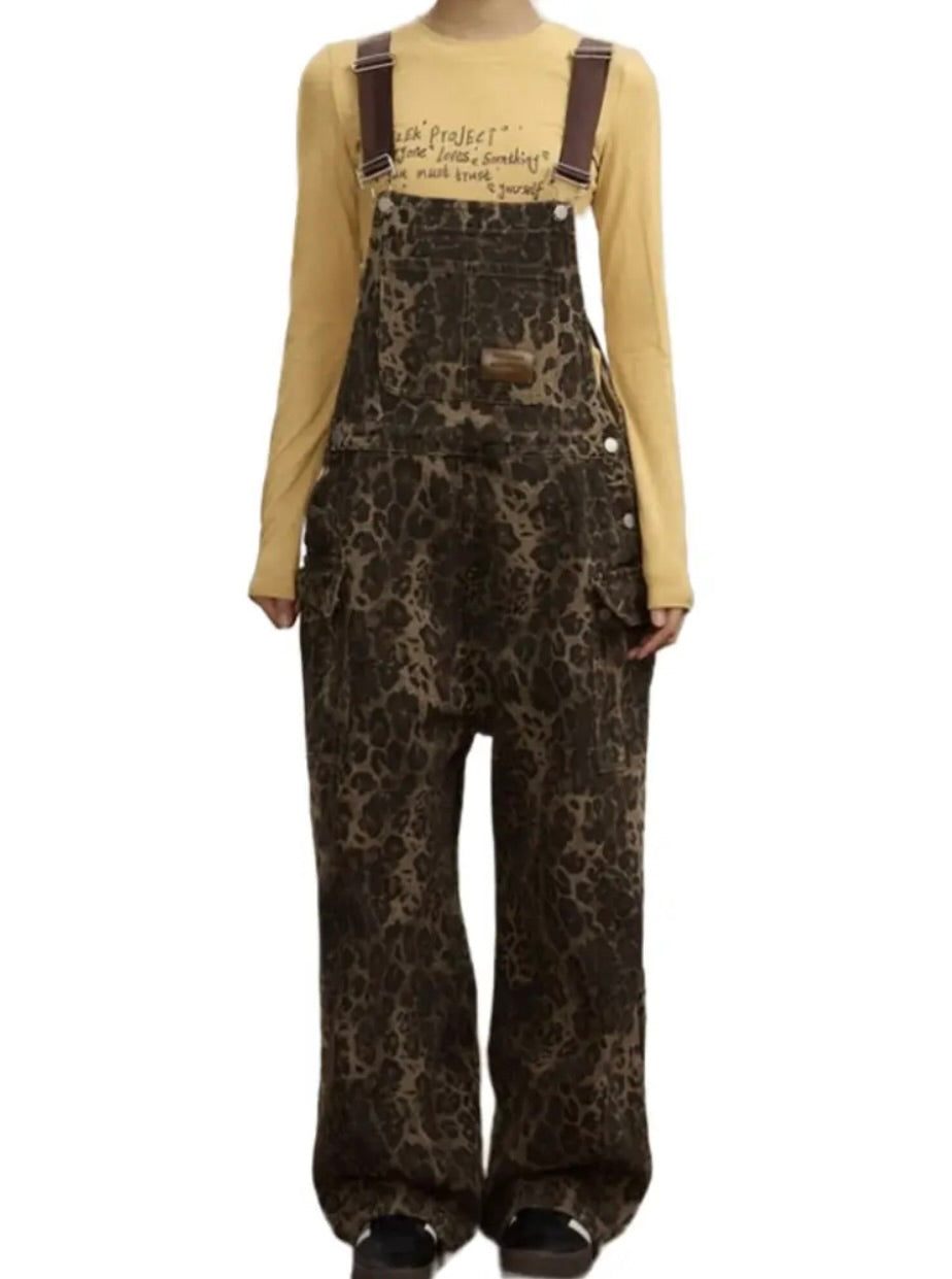 Wide Leg Multi Pocket Leopard Print Denim