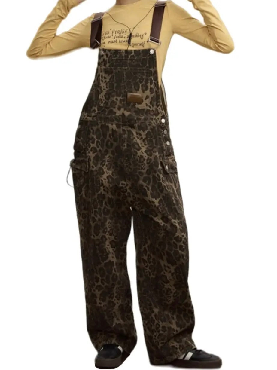 Wide Leg Multi Pocket Leopard Print Denim
