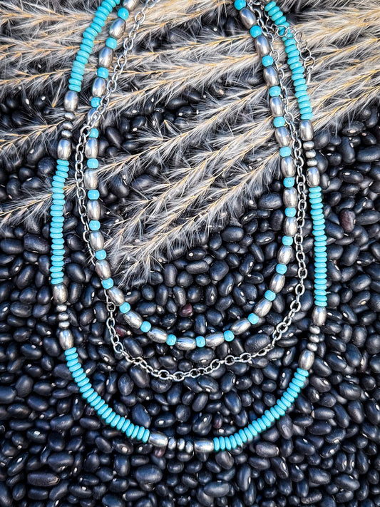 Rowdy Navajo Style Pearl Layered Fashion Necklace - Bead/Turquoise