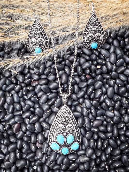 Jessamina Western Filigree Teardrop Aqu Stone Fashion Necklace Set