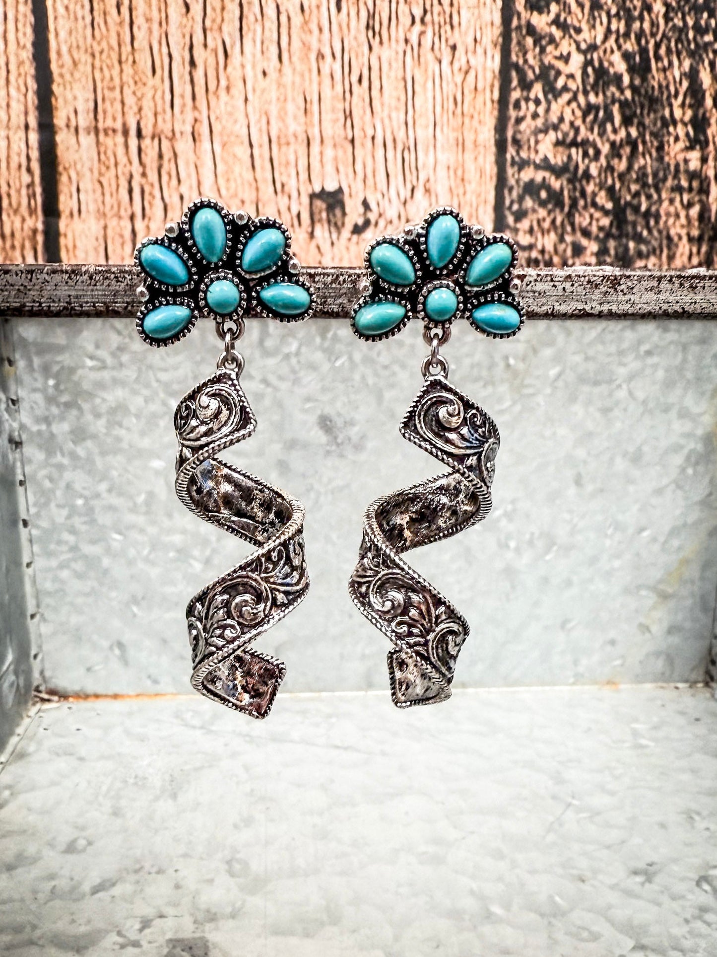 The Desert Bloom Spirals – Filigree & Aqua Flower Fashion Earrings
