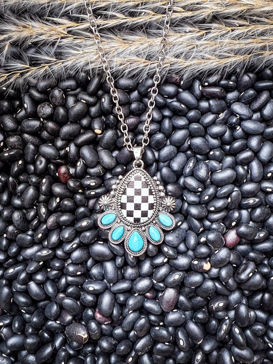 The Rodeo Queen Necklace – Checker Teardrop & Concho  Fashion Pendant
