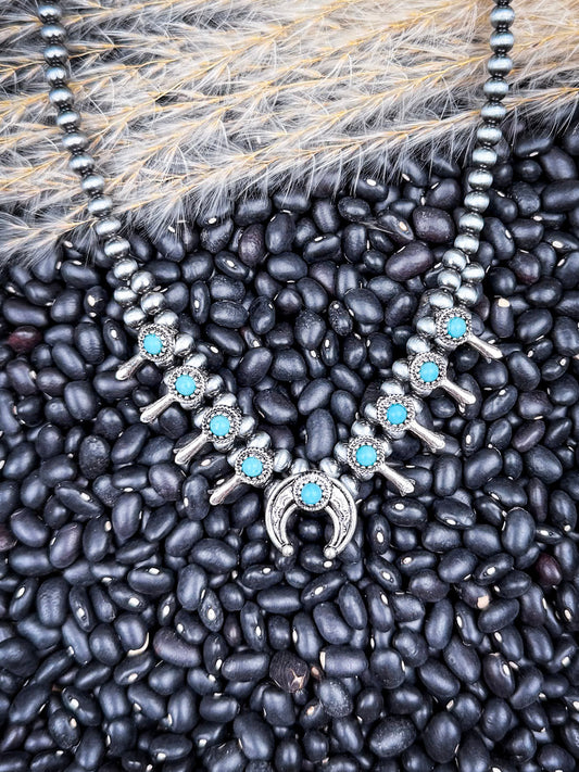 Sable Mini Squash Blossom with Aqua Accents Fashion Necklace