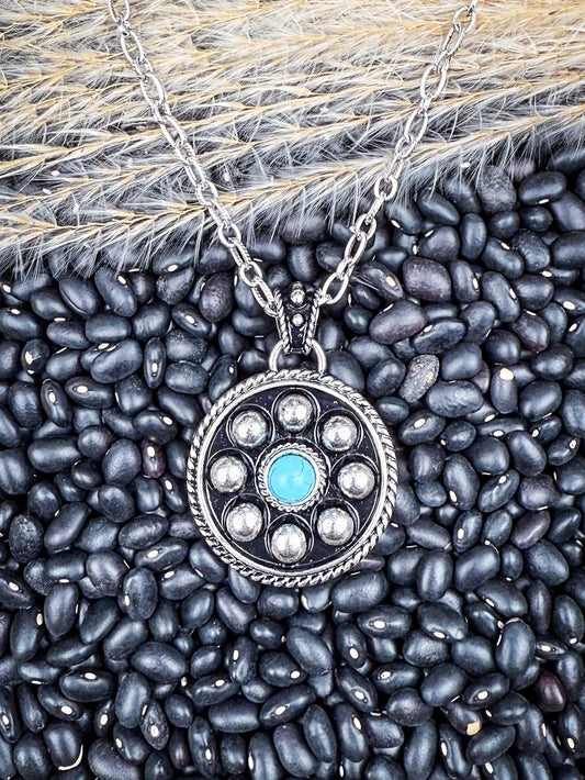 Lareda Round Concho Pendant with Aqua Stone Fashion Necklace