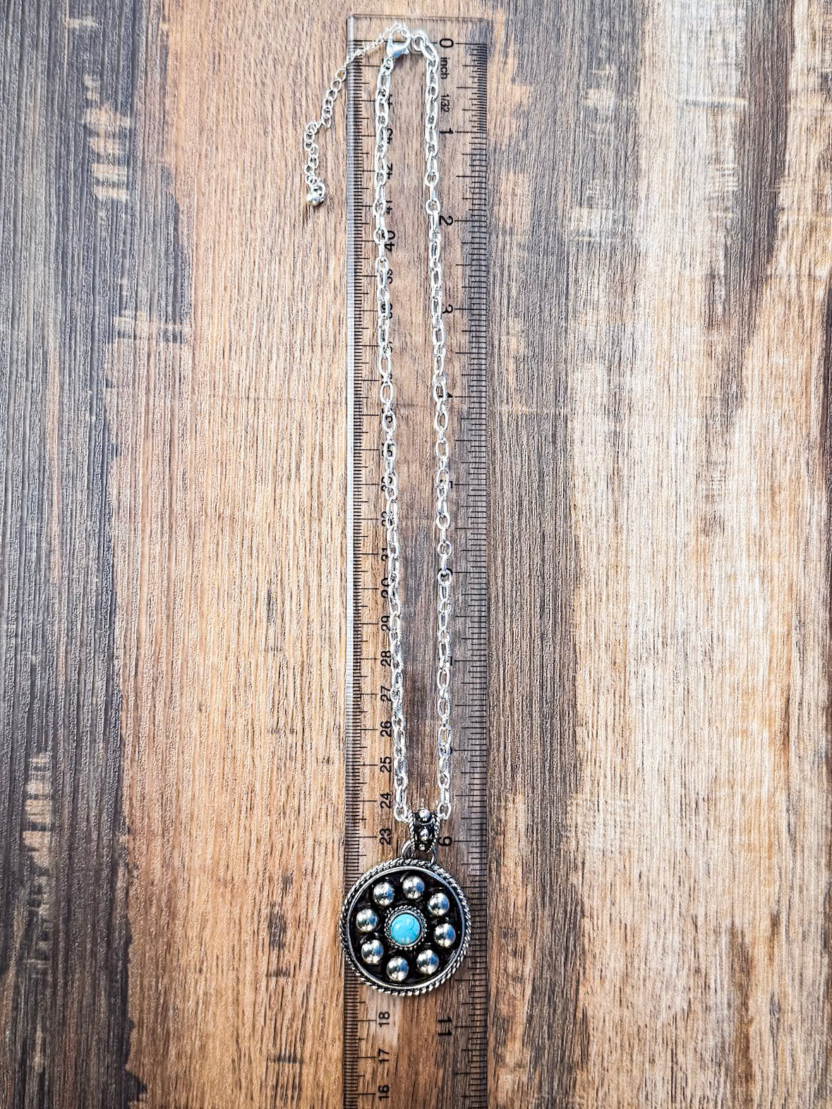 Lareda Round Concho Pendant with Aqua Stone Fashion Necklace