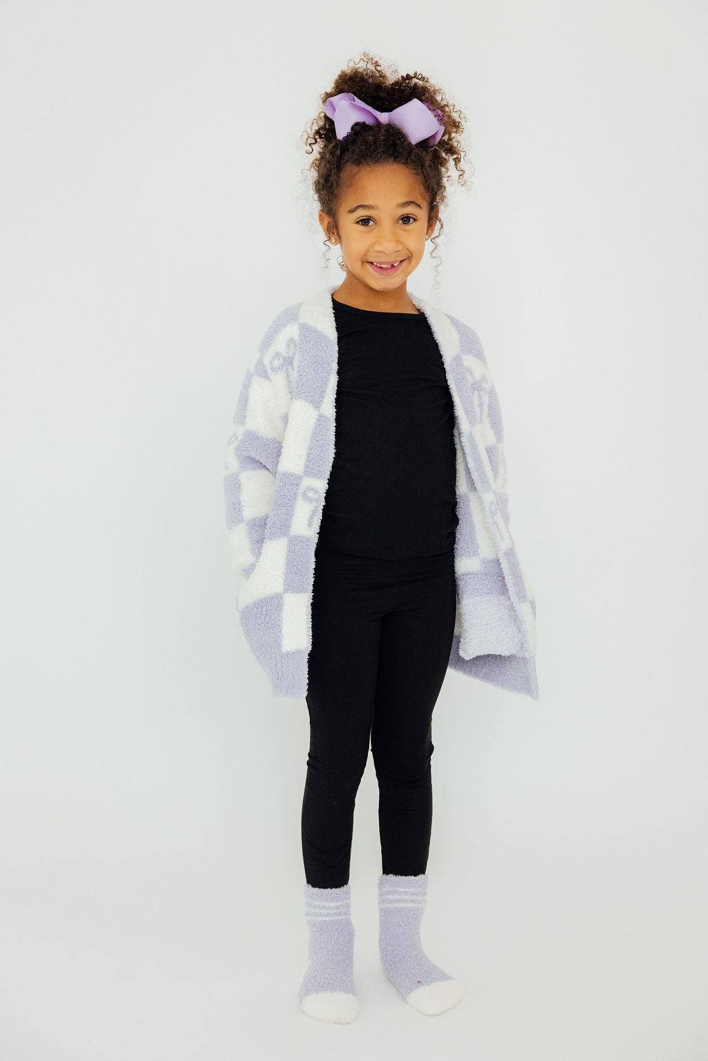 Lavender Checker Bow Cozy Cardigan