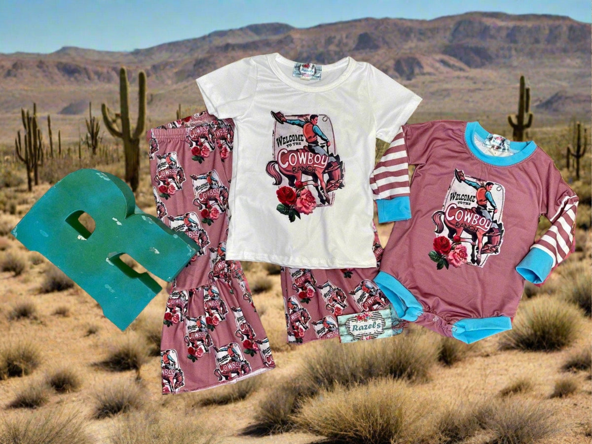 Cowboy Ranch Matching Sister Outfits | Girls Bell Bottom Set & Baby Onesie