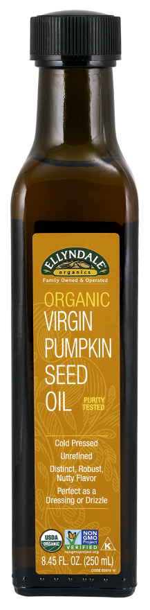 Bottle of Ellyndale Organics Organic Virgin Pumpkin Seed Oil with a black cap.