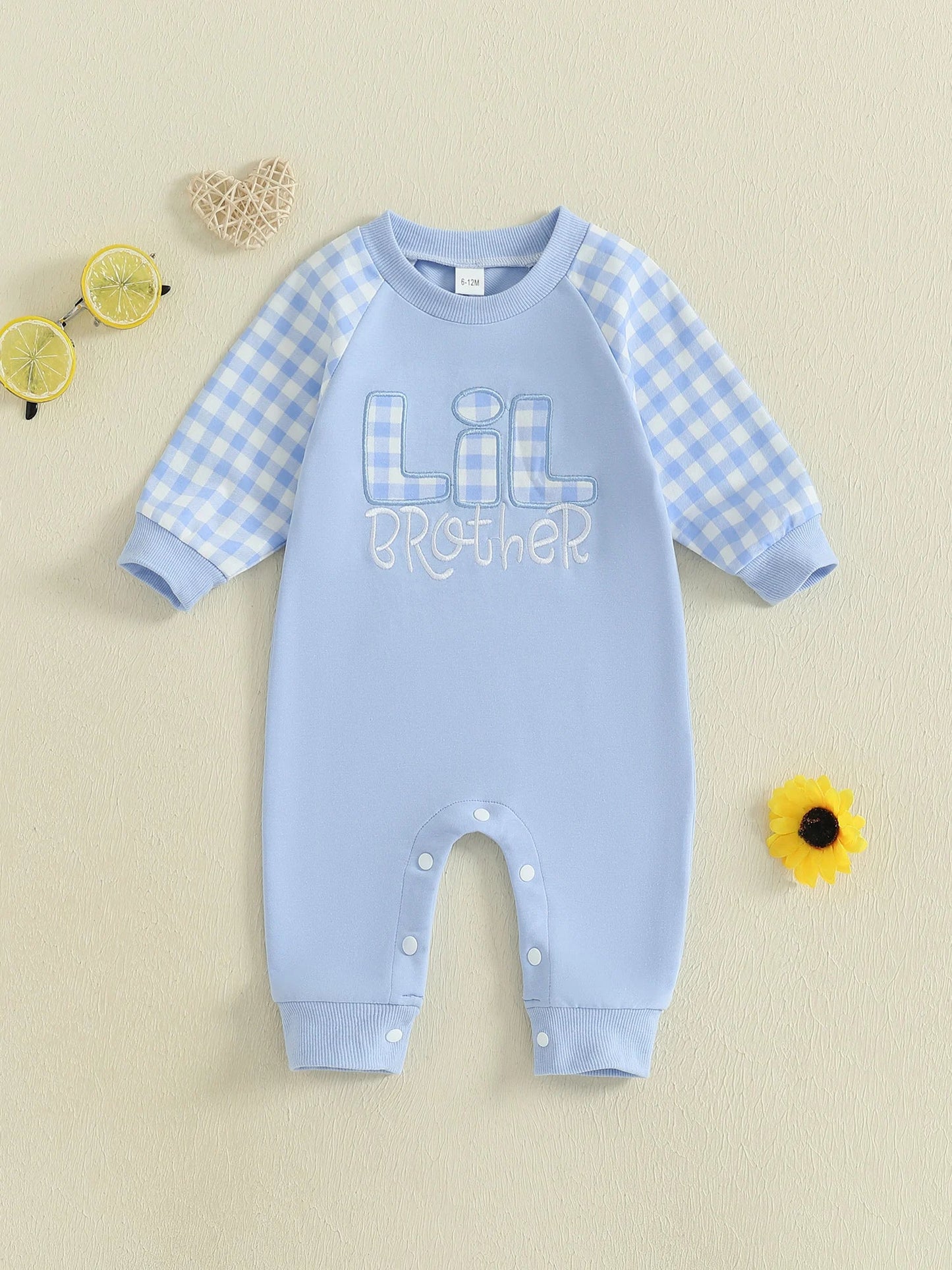 Baby Toddler Boy Lil Brother Fall Romper Plaid Print Letter Embroidery Long Sleeve Round Neck Full Length Jumpsuit