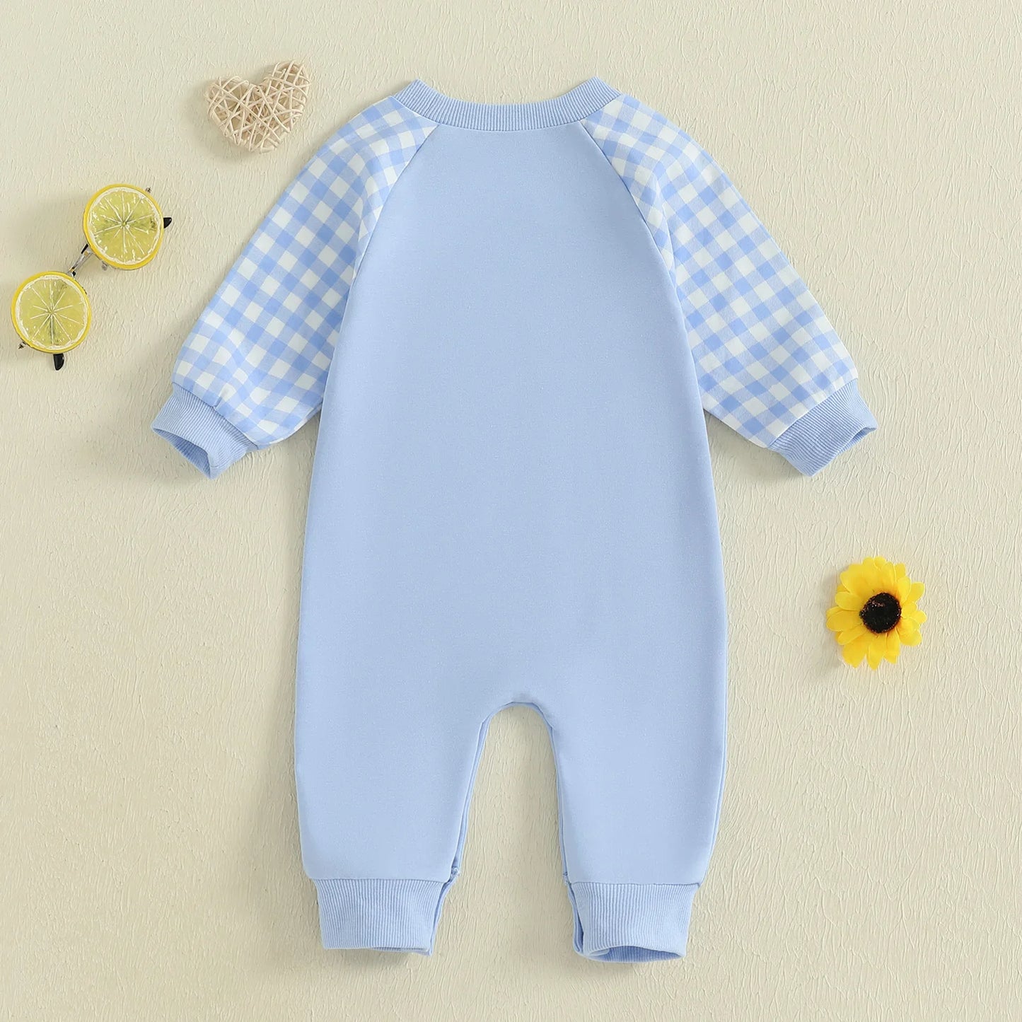 Baby Toddler Boy Lil Brother Fall Romper Plaid Print Letter Embroidery Long Sleeve Round Neck Full Length Jumpsuit