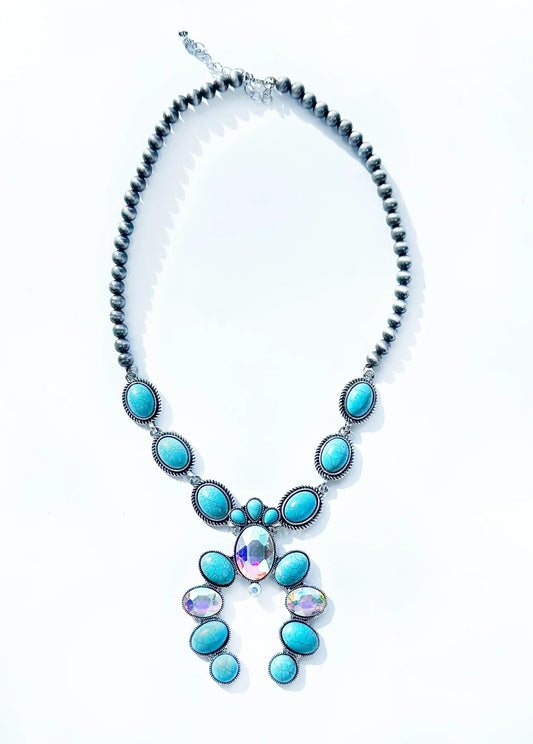 Silver and turquoise squash blossom necklace with AB accents