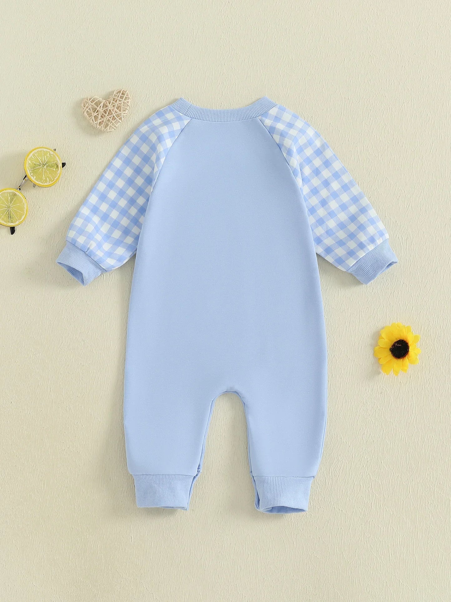 Baby Toddler Boy Lil Brother Fall Romper Plaid Print Letter Embroidery Long Sleeve Round Neck Full Length Jumpsuit