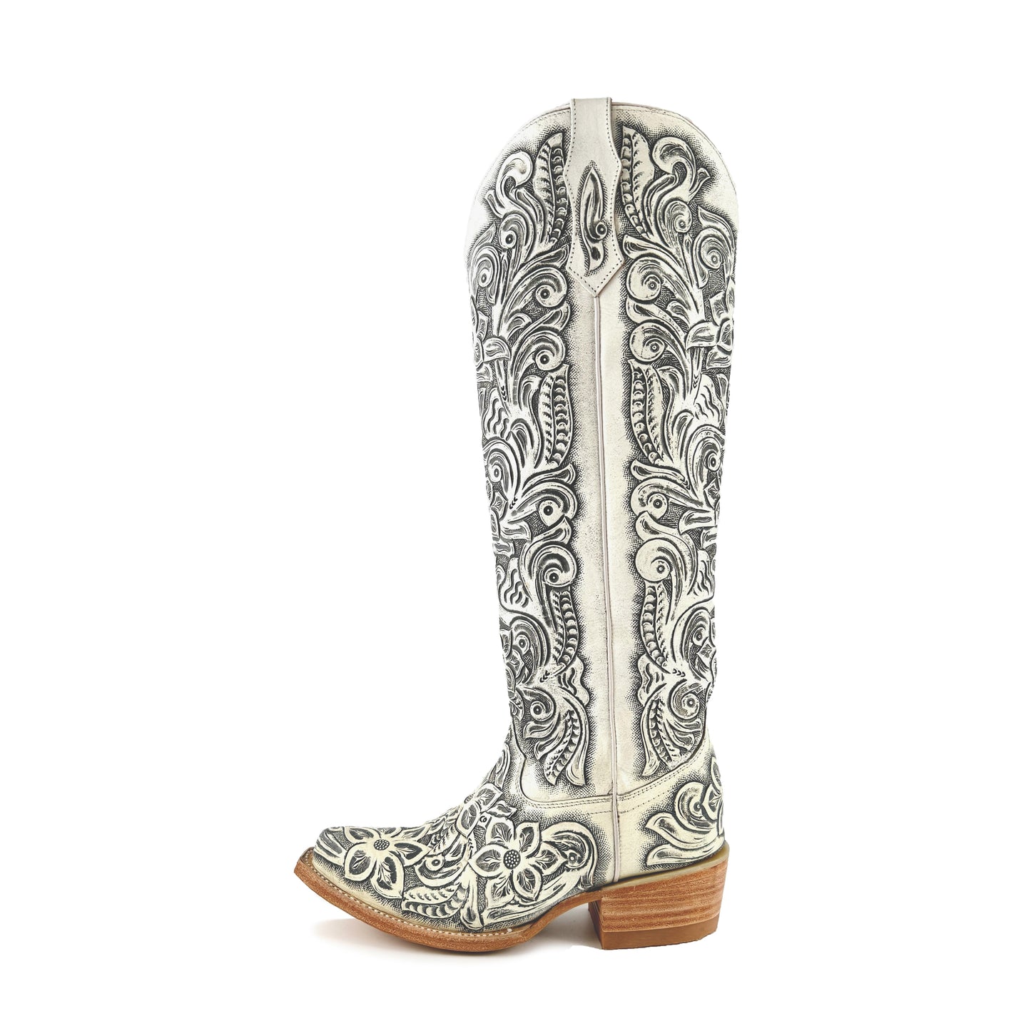 Women’s Hand-Tooled White Tall Cowboy Boots (Presale)