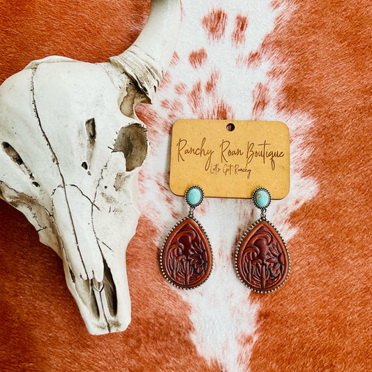 Tooled Leather and Turquoise Teardrop Earrings
