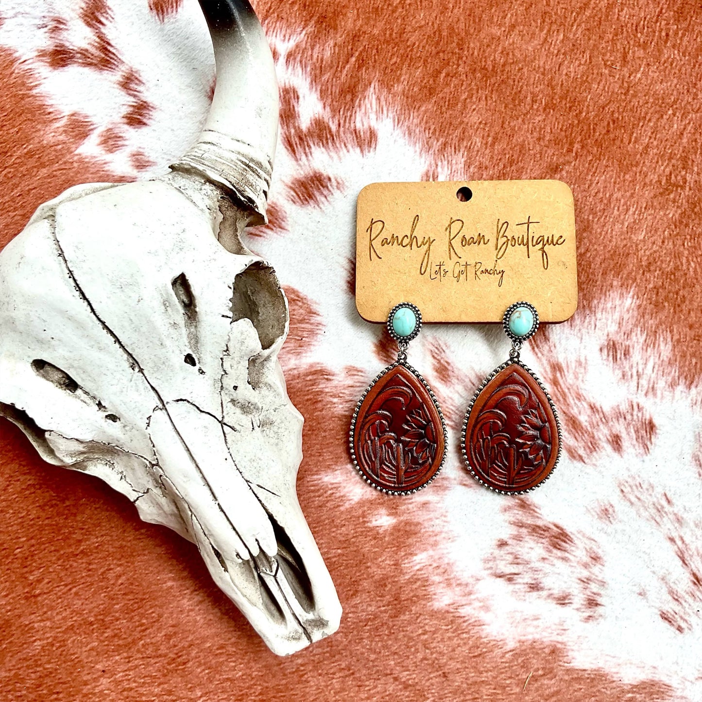 Tooled Leather and Turquoise Teardrop Earrings