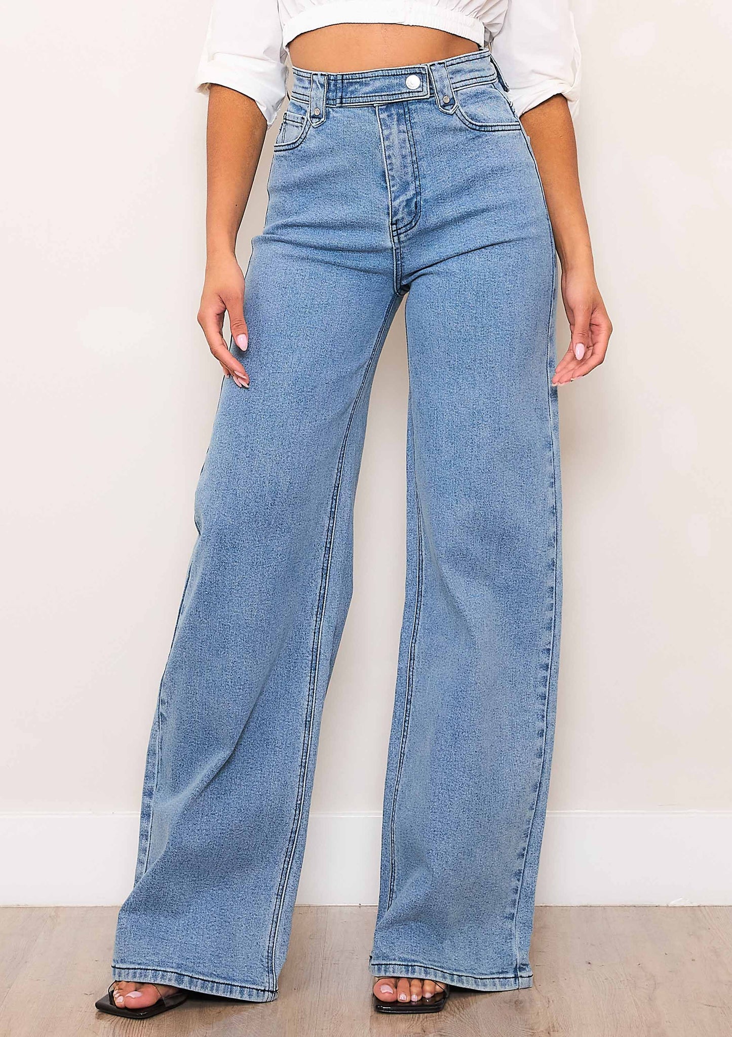 High-Rise Wide Leg Jeans With Waist Snap Button