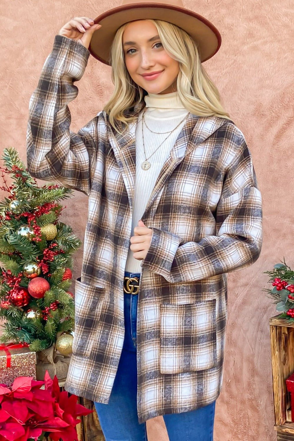 And The Why Plaid Open Front Hooded Shacket - SmorgeousByGina