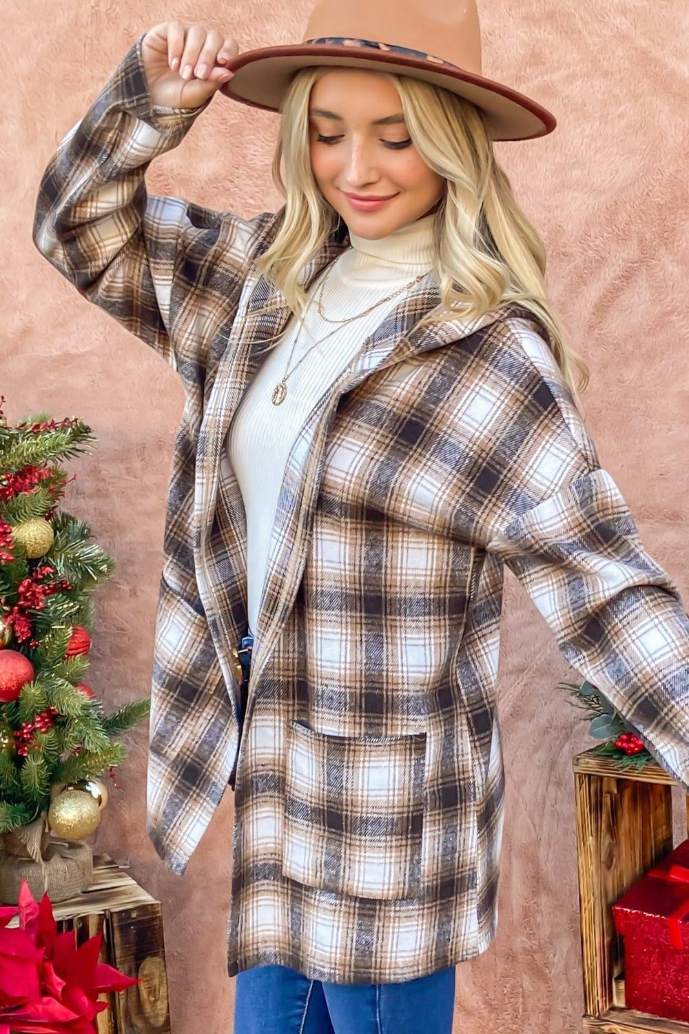 And The Why Plaid Open Front Hooded Shacket - SmorgeousByGina