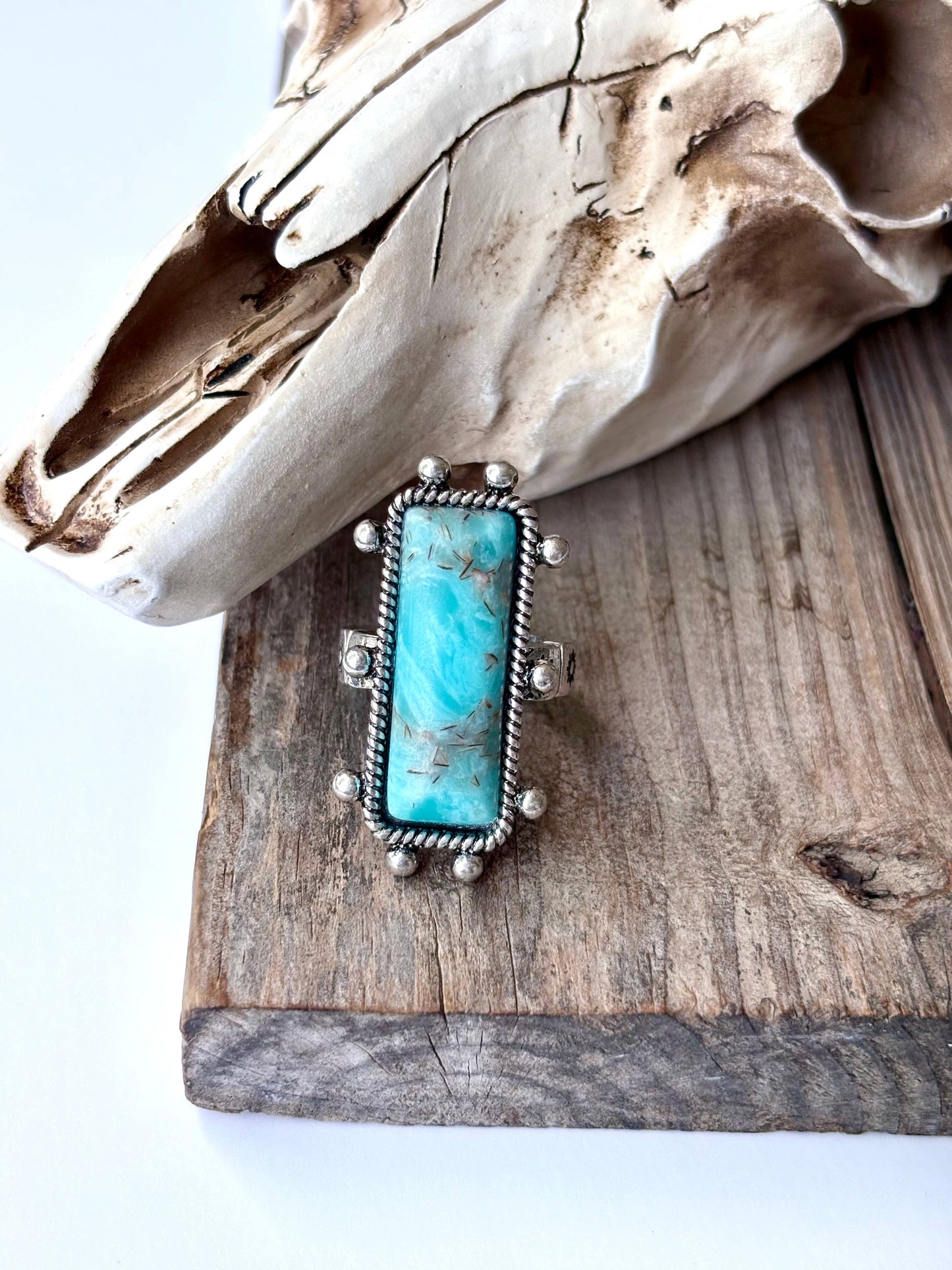 Western Rectangle Bar Concho Marble Stone Stretch Band Ring