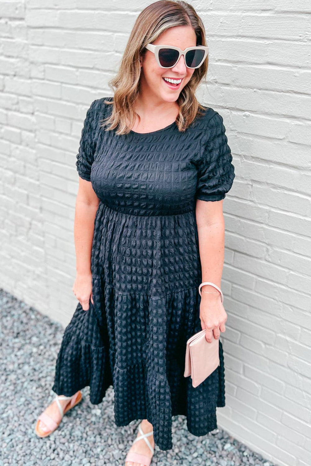 Black Plus Size Textured Tiered Short Sleeve Maxi Dress