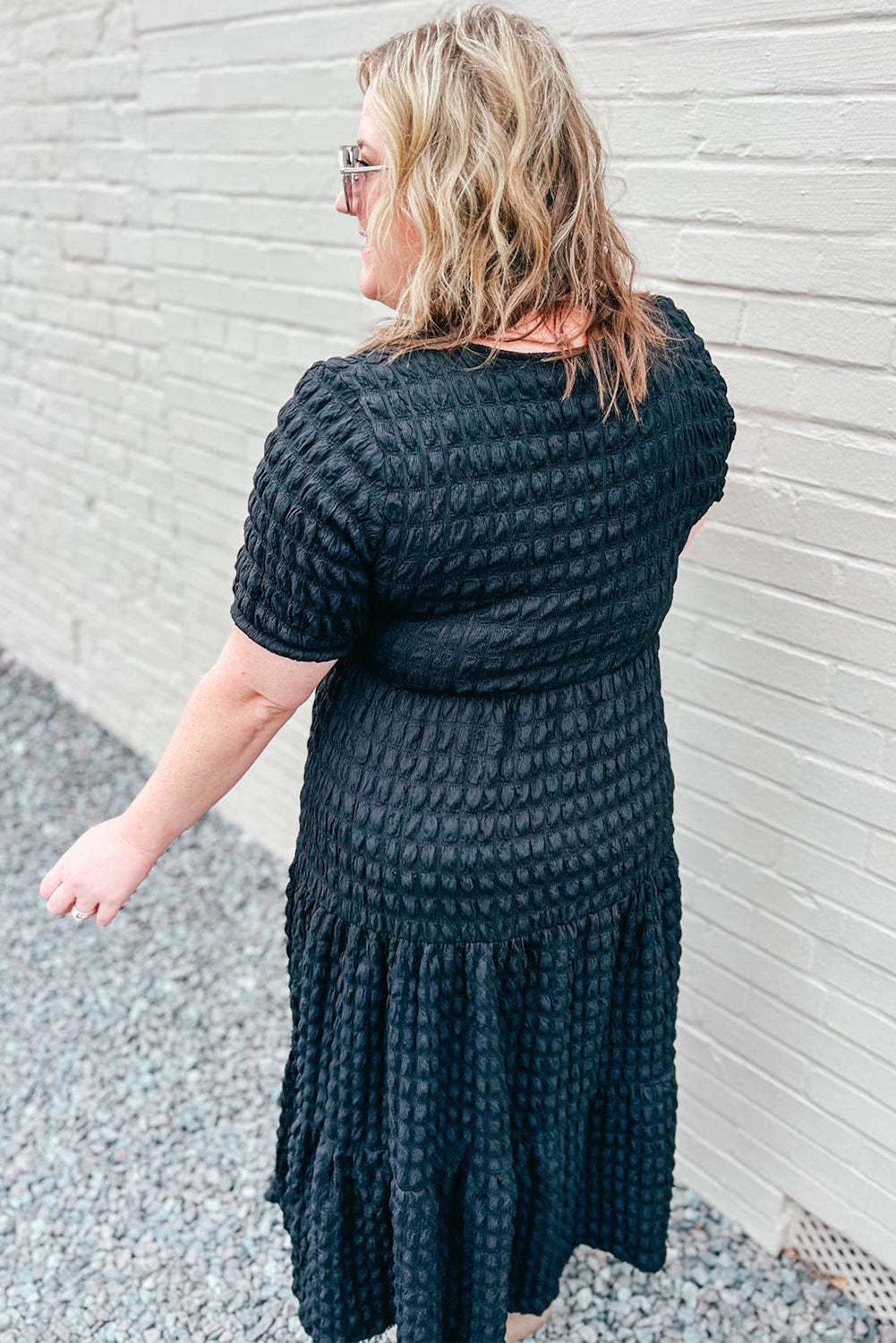 Black Plus Size Textured Tiered Short Sleeve Maxi Dress
