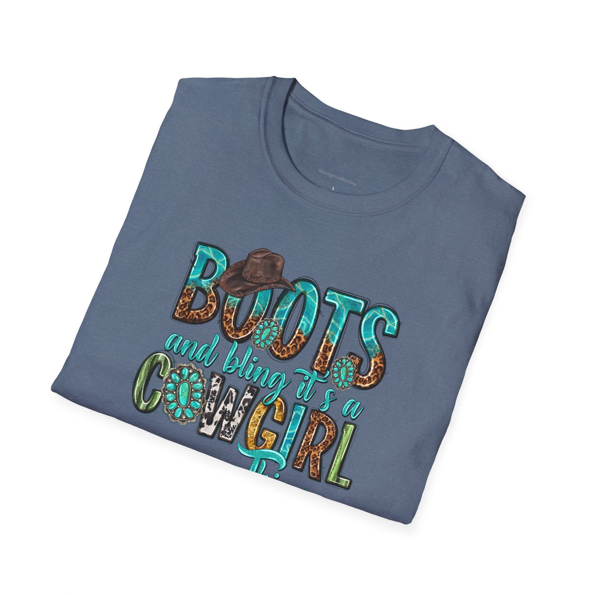 Boots and Bling, Cowgirl Shirt, Turquoise and Leopard Shirt, Rodeo Tee, Softstyle T-Shirt - SmorgeousByGina