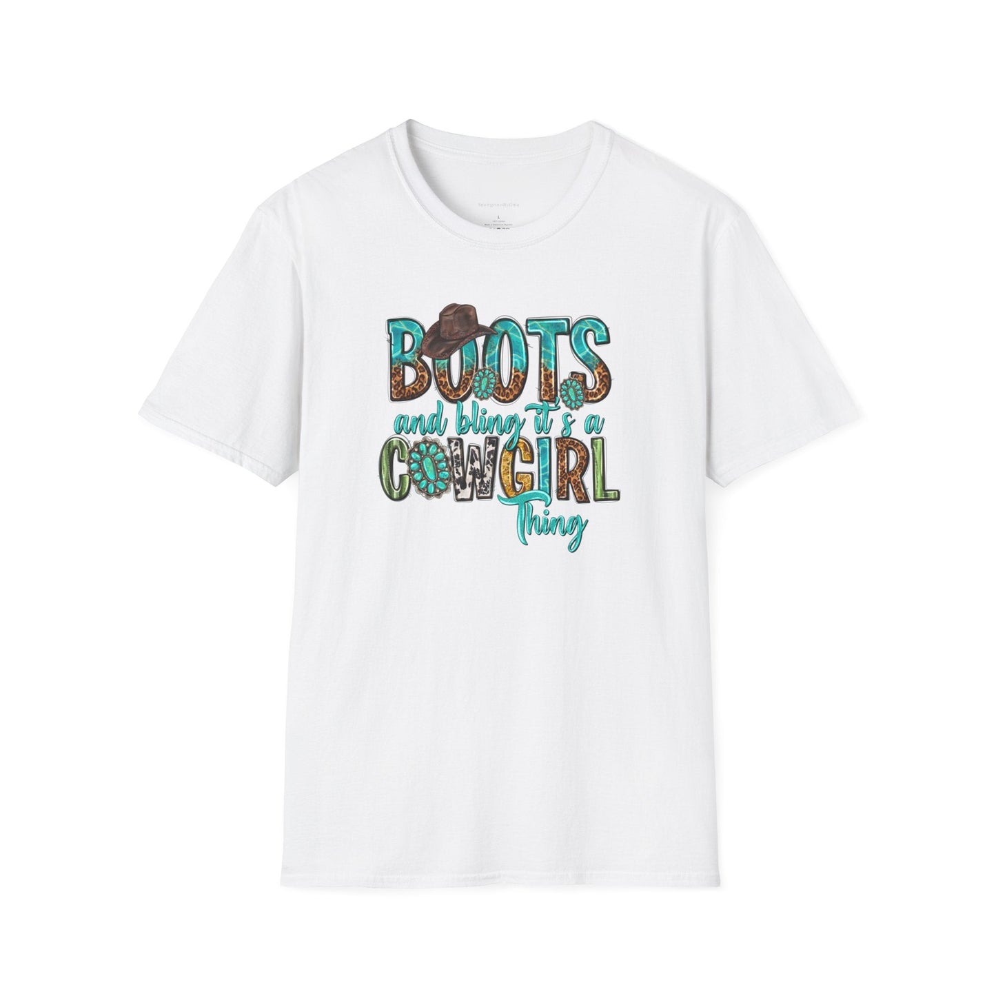 Boots and Bling, Cowgirl Shirt, Turquoise and Leopard Shirt, Rodeo Tee, Softstyle T-Shirt - SmorgeousByGina