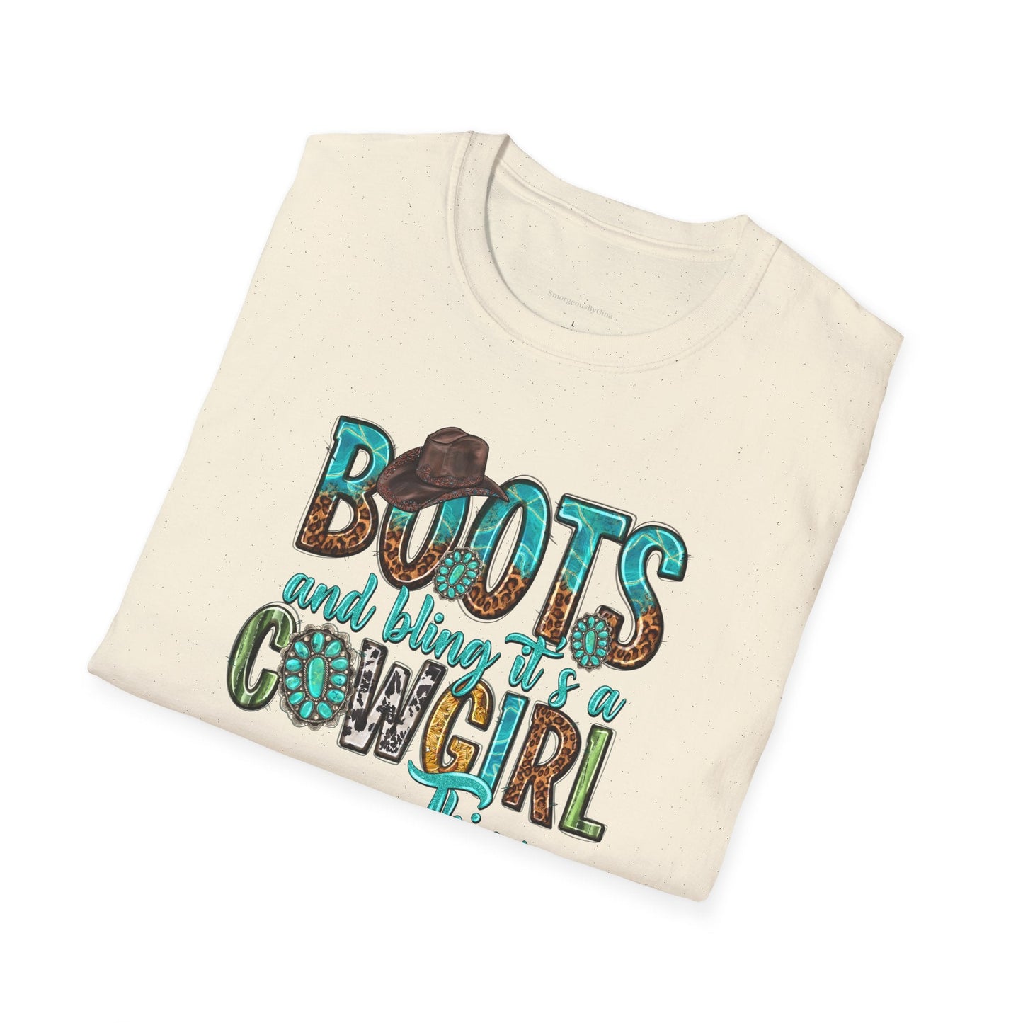 Boots and Bling, Cowgirl Shirt, Turquoise and Leopard Shirt, Rodeo Tee, Softstyle T-Shirt - SmorgeousByGina