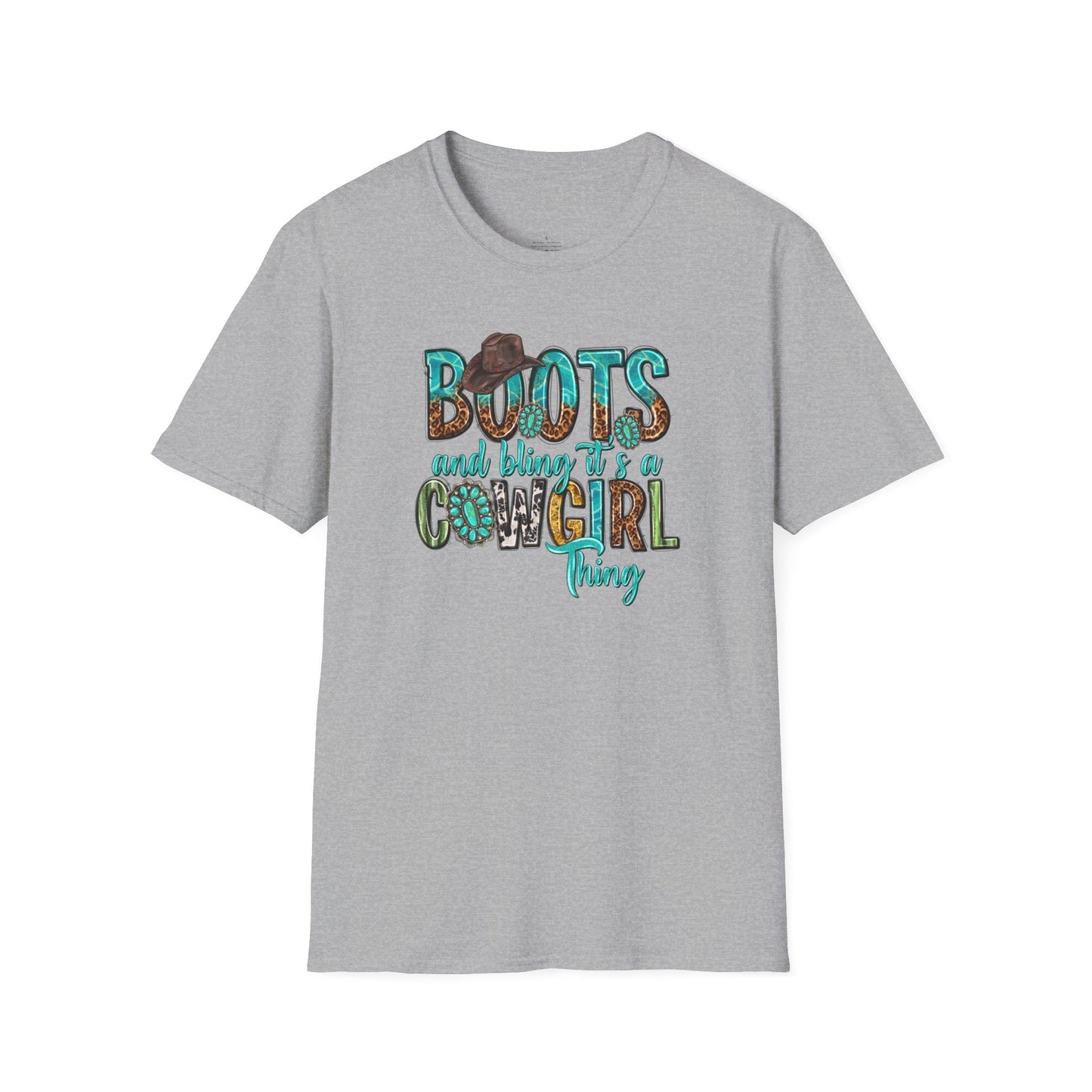 Boots and Bling, Cowgirl Shirt, Turquoise and Leopard Shirt, Rodeo Tee, Softstyle T-Shirt - SmorgeousByGina