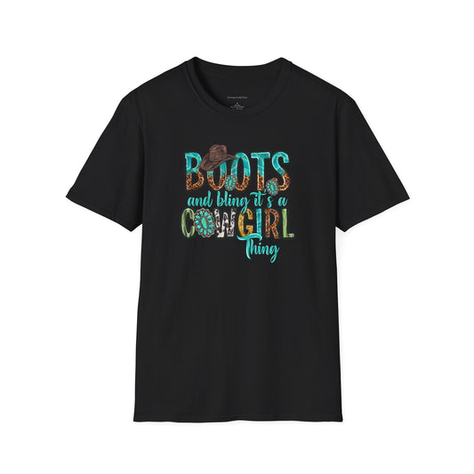 Boots and Bling, Cowgirl Shirt, Turquoise and Leopard Shirt, Rodeo Tee, Softstyle T-Shirt - SmorgeousByGina