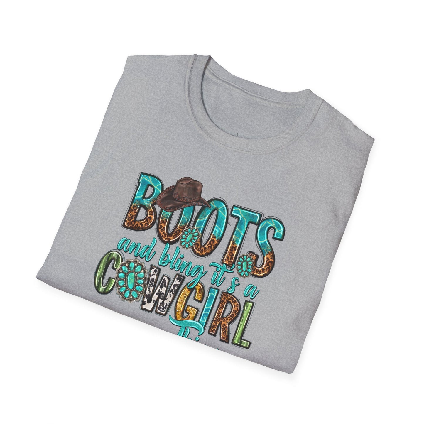 Boots and Bling, Cowgirl Shirt, Turquoise and Leopard Shirt, Rodeo Tee, Softstyle T-Shirt - SmorgeousByGina
