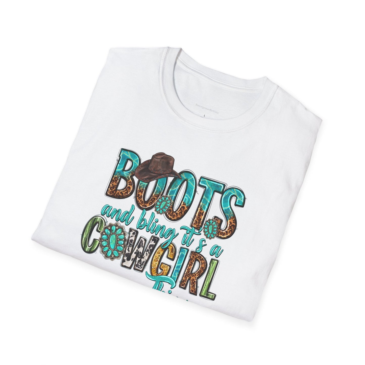 Boots and Bling, Cowgirl Shirt, Turquoise and Leopard Shirt, Rodeo Tee, Softstyle T-Shirt - SmorgeousByGina
