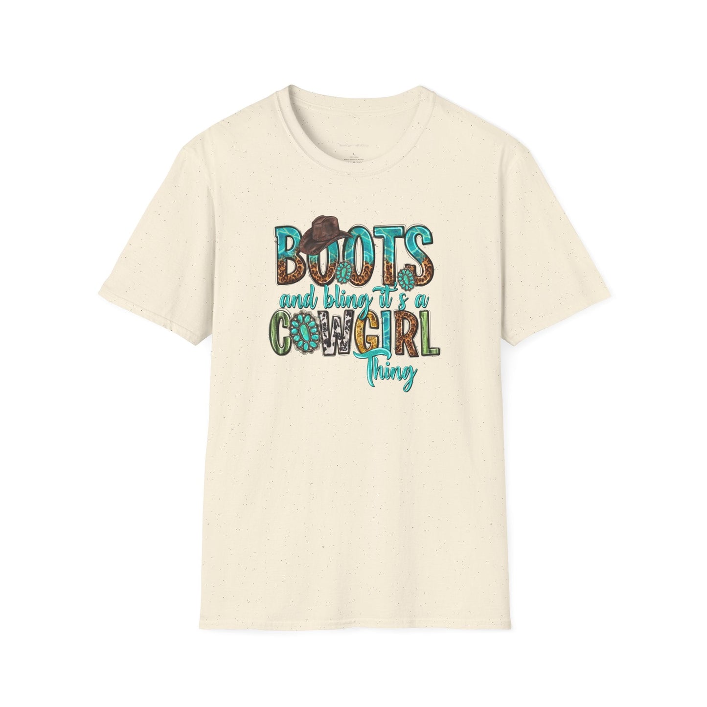 Boots and Bling, Cowgirl Shirt, Turquoise and Leopard Shirt, Rodeo Tee, Softstyle T-Shirt - SmorgeousByGina