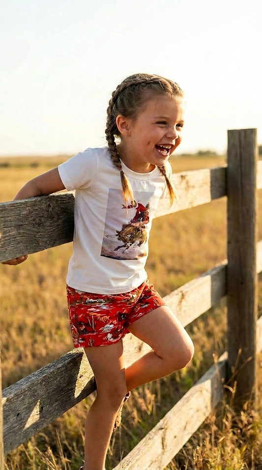 Girls Western Outfit | Cowgirl Short Set | Bronc Rider Tee & Cowboy Print Shorts