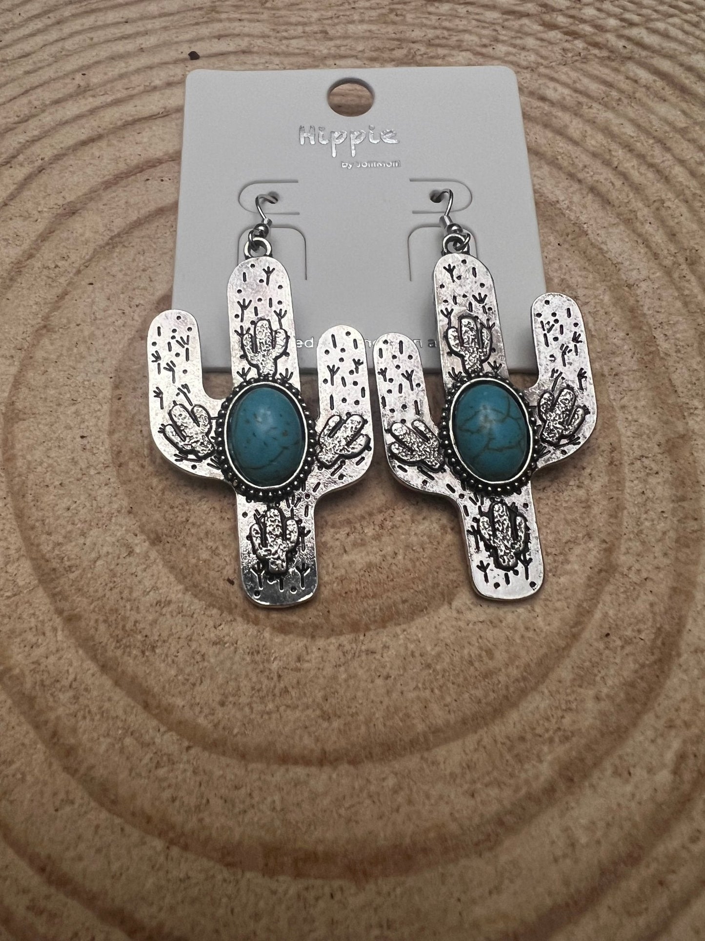 Cactus Dangle Earrings with Faux Turquoise - 2 1/2 inch drop