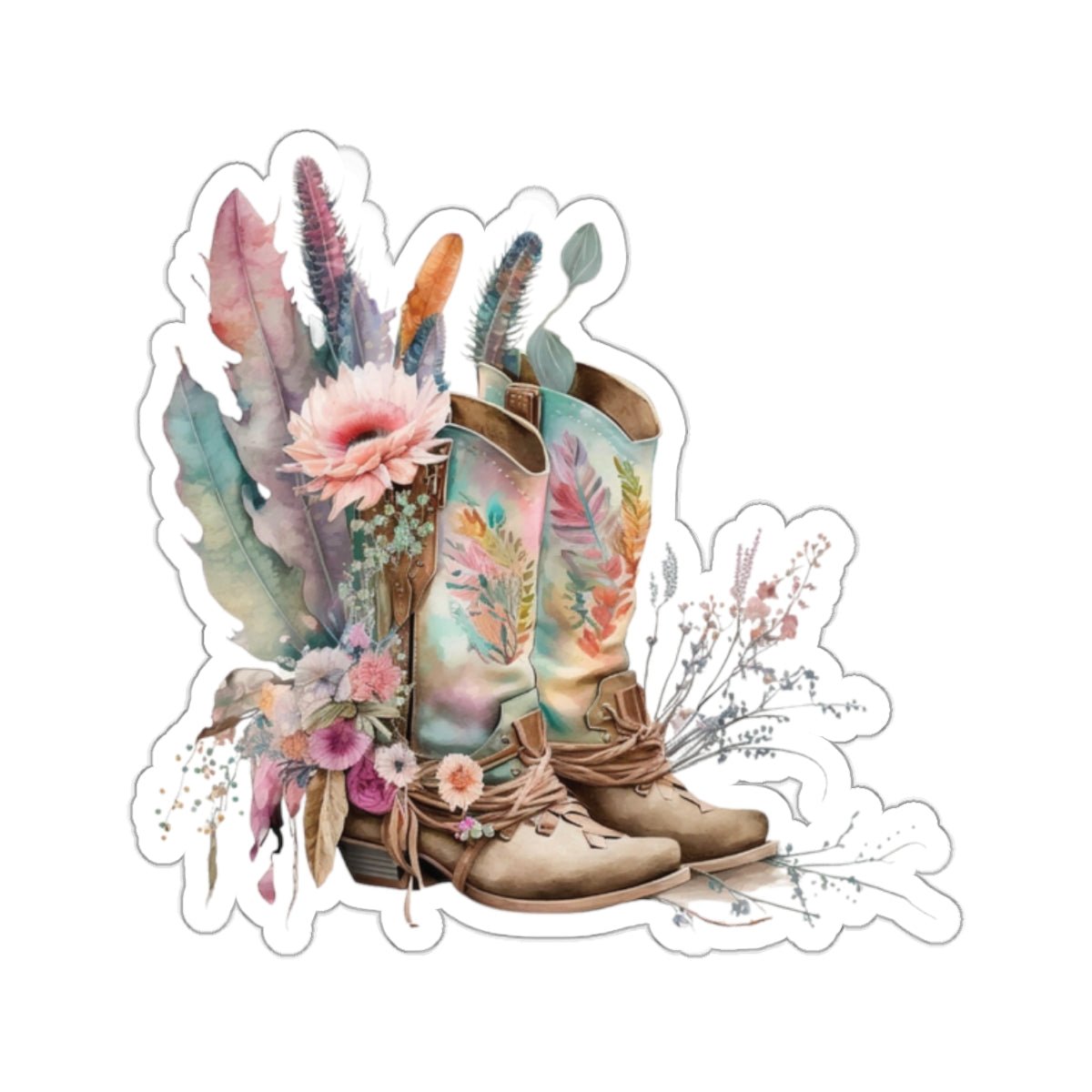 Cowboy Boots, Cactus and Floral, Boho, Western, Kiss-Cut Stickers - SmorgeousByGina