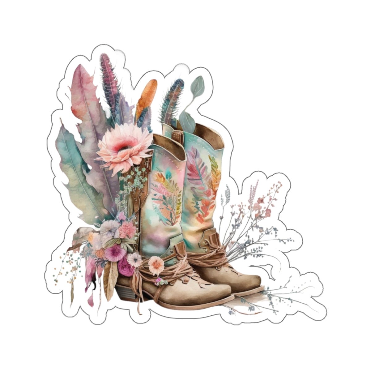 Cowboy Boots, Cactus and Floral, Boho, Western, Kiss-Cut Stickers - SmorgeousByGina
