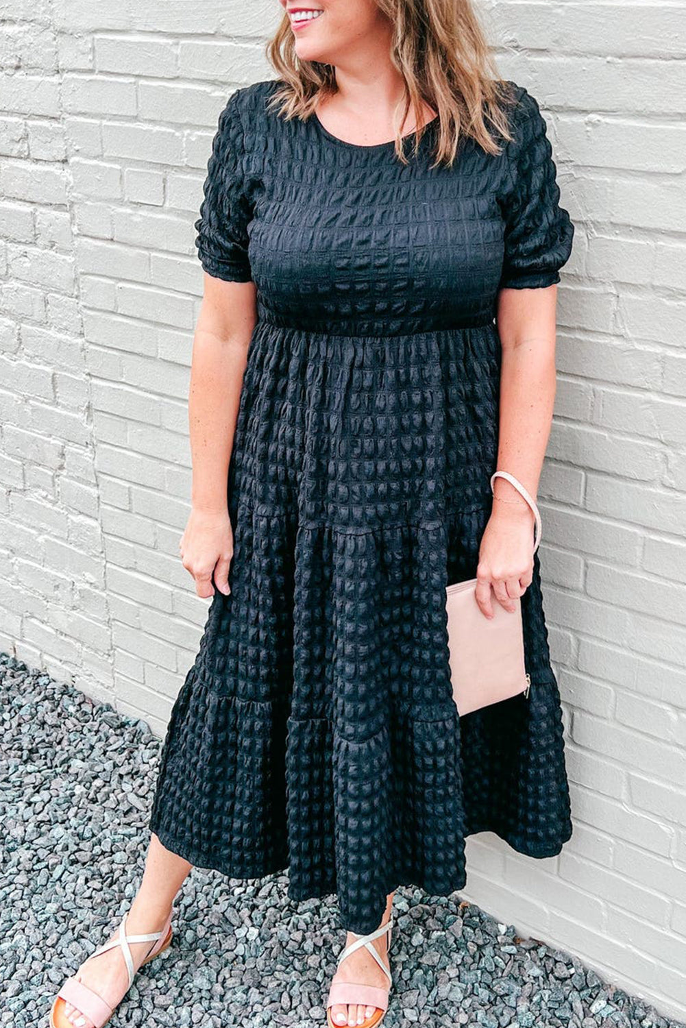 Black Plus Size Textured Tiered Short Sleeve Maxi Dress