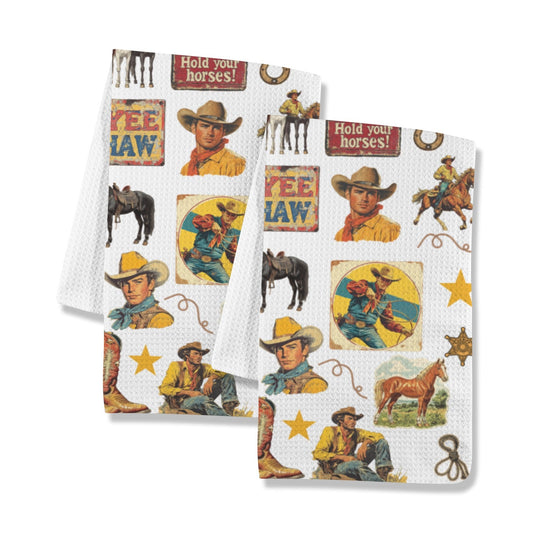 Vintage Cowboy Collage Dish Towel Set of 2 Made in America
