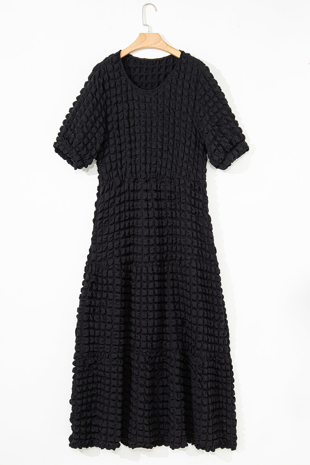 Black Plus Size Textured Tiered Short Sleeve Maxi Dress