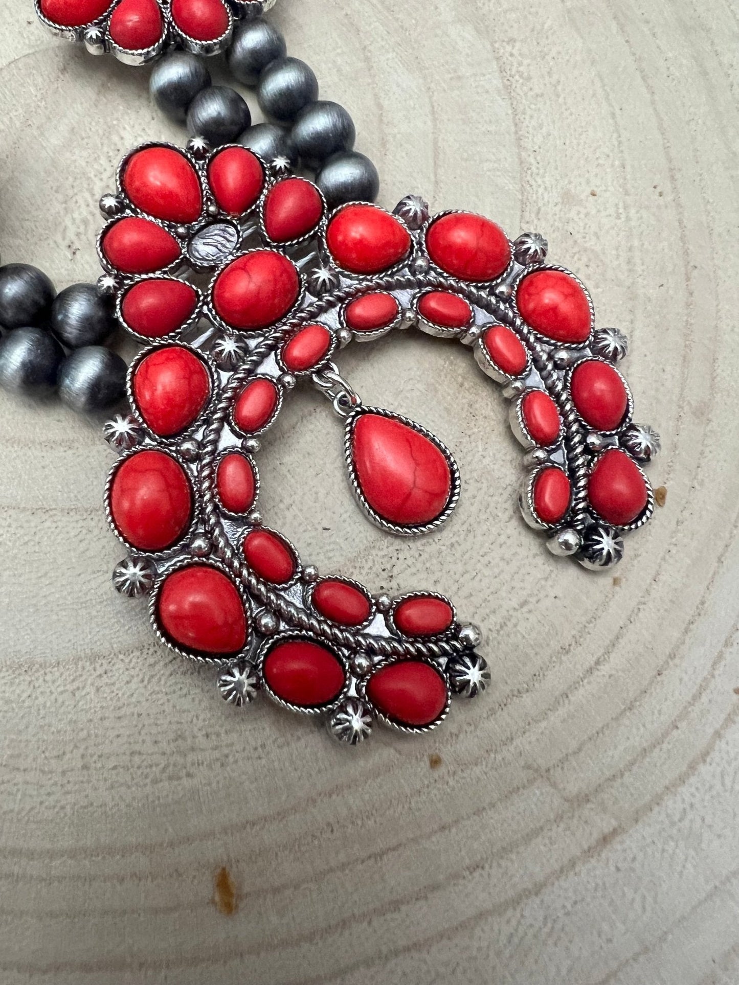 Faux Coral Long Squash Blossom Statement Necklace - 32 inch necklace