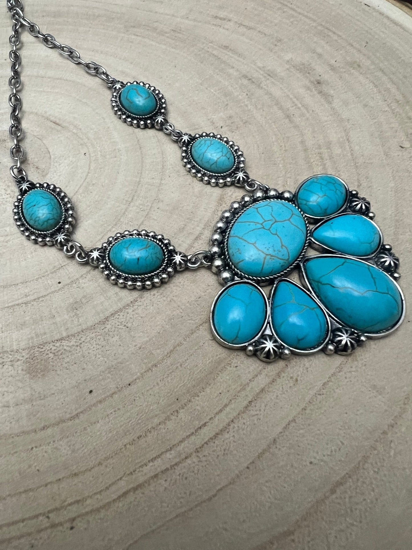 Faux Turquoise Squash Blossom and Earring Set - 18 inch necklace