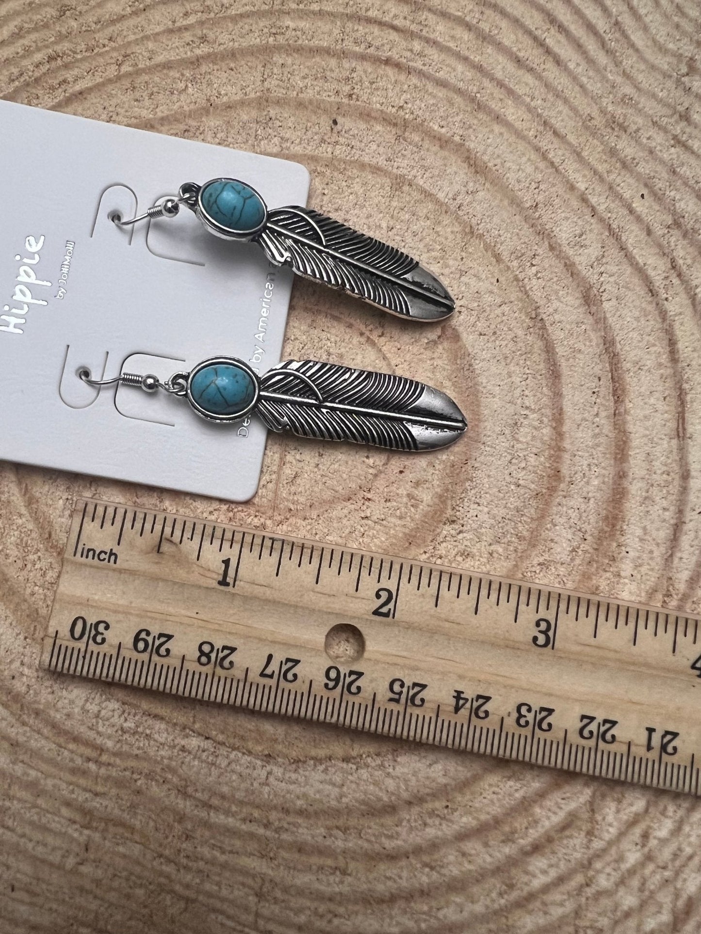 Feather Earrings with Faux Turquoise - 2 inch drop