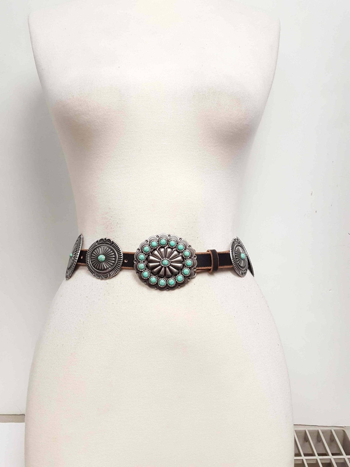 Genuine Distressed Leather Western Concho Belt with Faux Turquoise Stone Buckle