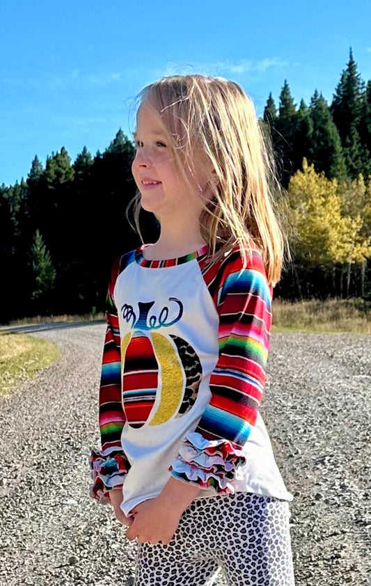 Girls Fall Pumpkin Shirt, Ruffle Sleeve Shirt
