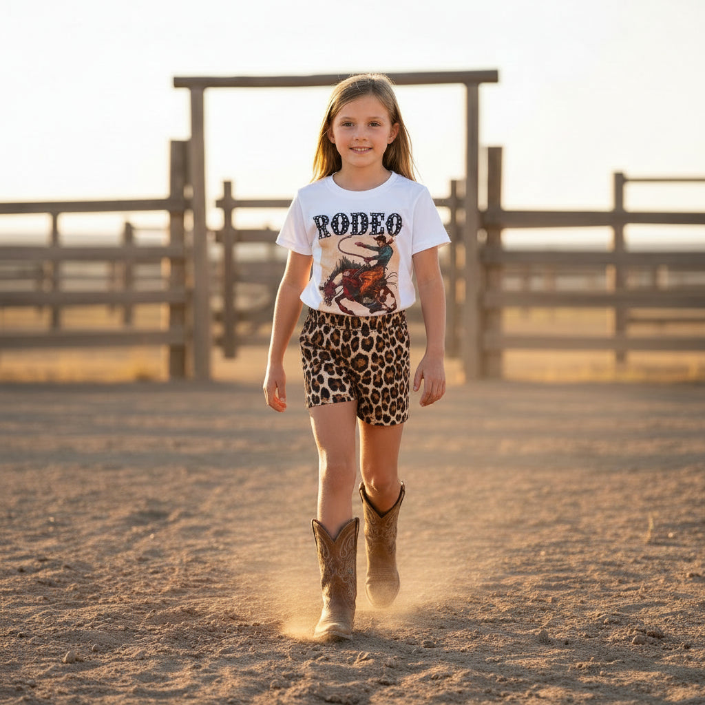 Girls Rodeo Outfit – Bucking Bronco Shirt & Cheetah Shorts Set