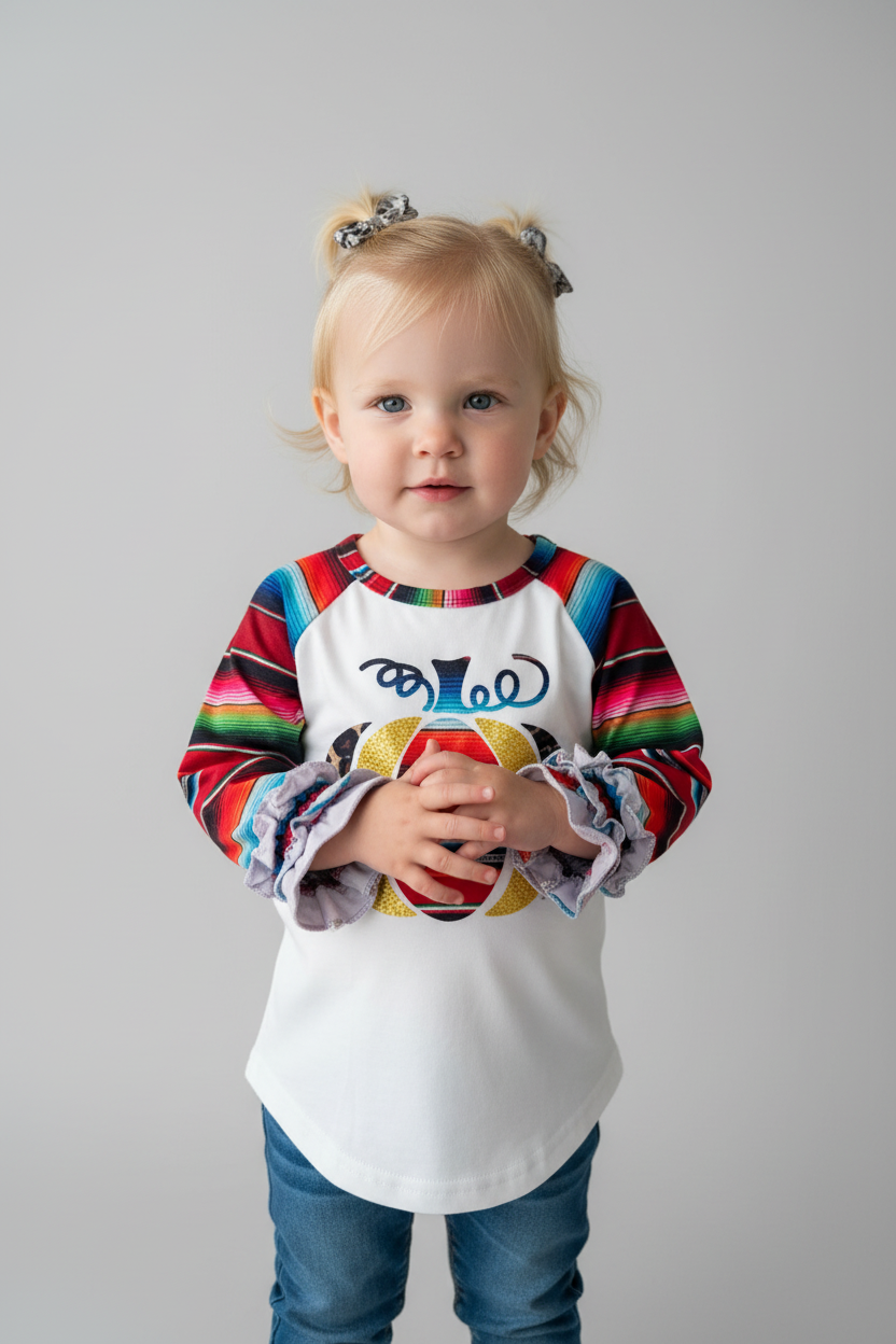 Girls Fall Pumpkin Shirt: Serape Cheetah Print Ruffle Sleeve Top