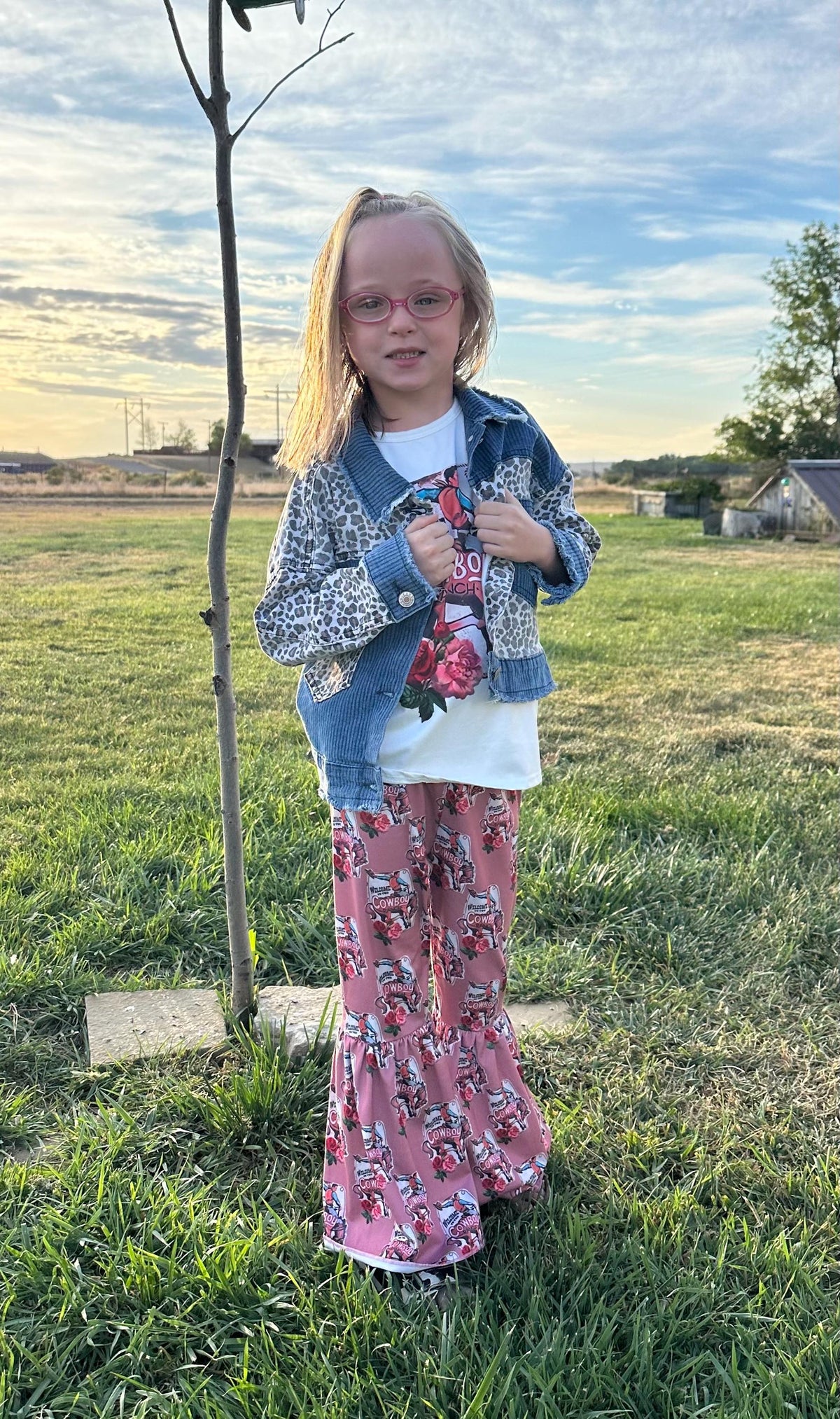 Cowboy Ranch Matching Sister Outfits | Girls Bell Bottom Set & Baby Onesie