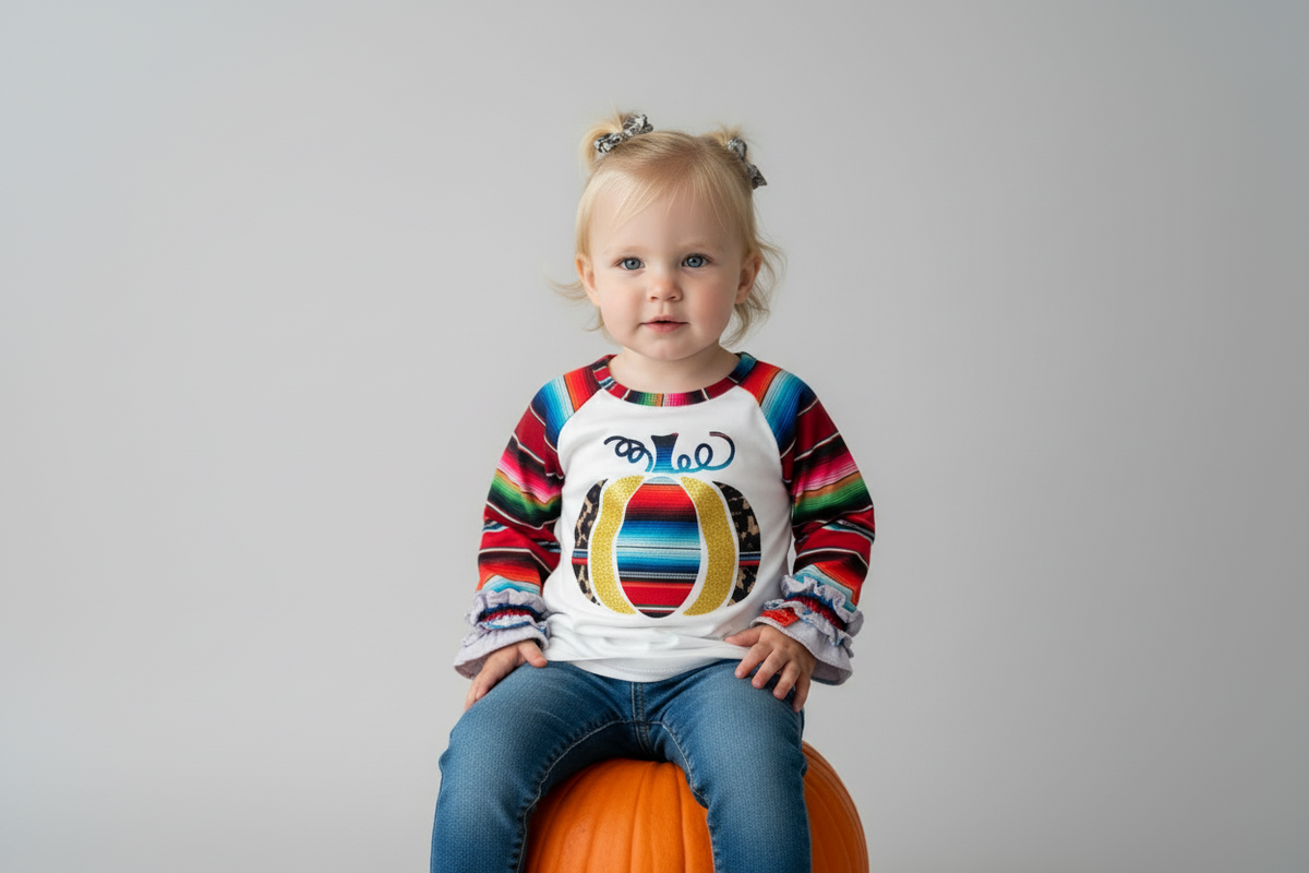 Girls Fall Pumpkin Shirt: Serape Cheetah Print Ruffle Sleeve Top